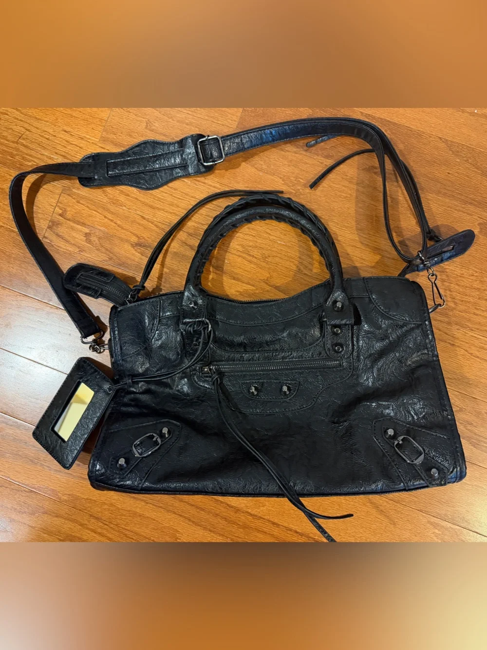 Black Leather Satchel Handbag with Removable Shoulder Strap